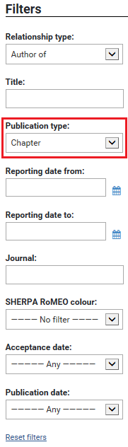 Filters Window with Publication Type Highlighted and Set to Chapter