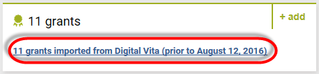 Grants Section with Grants That Were Imported from Digital Vita Highlighted