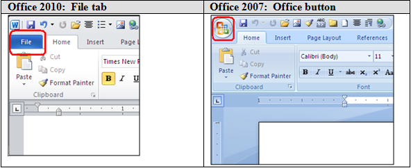 Comparison of File and Office Buttons in Office 2010 and 2007
