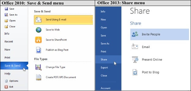 Office 2010 Save and Send Menu Comparison with Office 2013 Share Menu