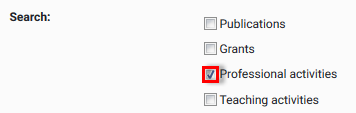 Search Checkboxes with Publications, Grants, Professional Activities (Highlighted), and Teaching Activities