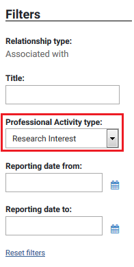 Filters screen with Professional Activity Type Dropdown Highlighted