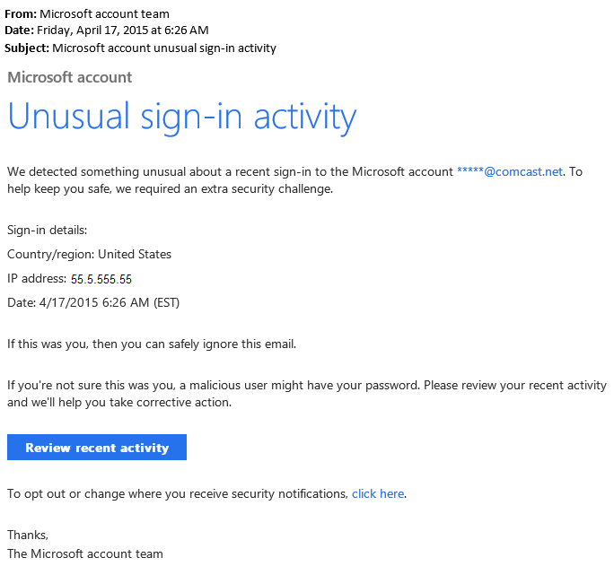 Explanation Of Microsoft Unusual Sign In Activity Notice